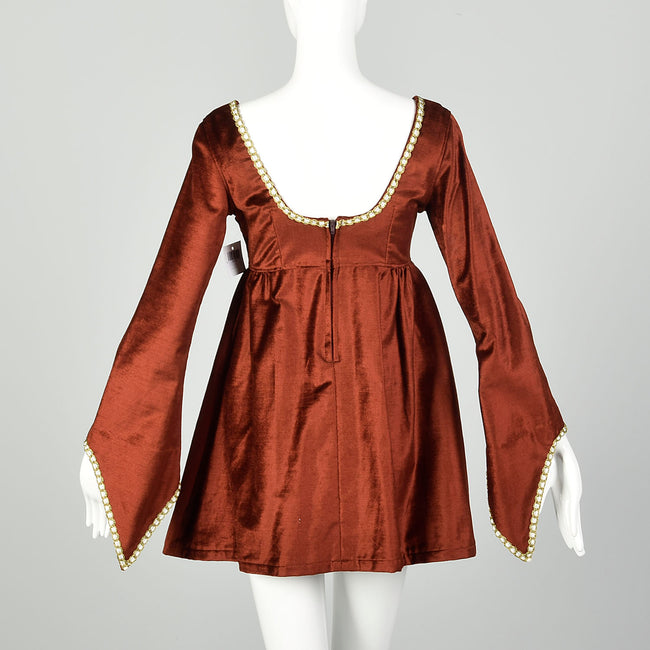 1960s Micro Mini Babydoll Tapestry Dress Boho Angel Sleeve