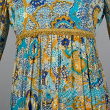 1970s Mollie Parnis Bohemian Maxi Dress with Long Sleeves