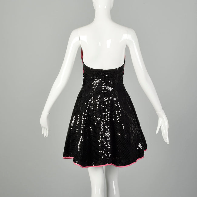 XS 1980s Black Sequin Dress Hot Pink Strapless Cocktail Mini