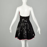XS 1980s Black Sequin Dress Hot Pink Strapless Cocktail Mini
