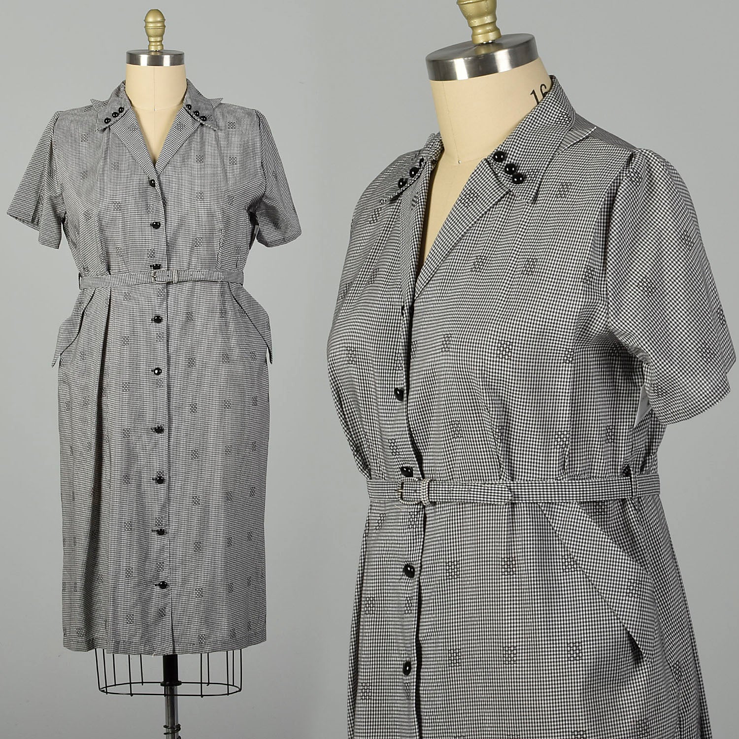 XXL 1950s Black Checkered Dress Short Sleeve Waist Belt