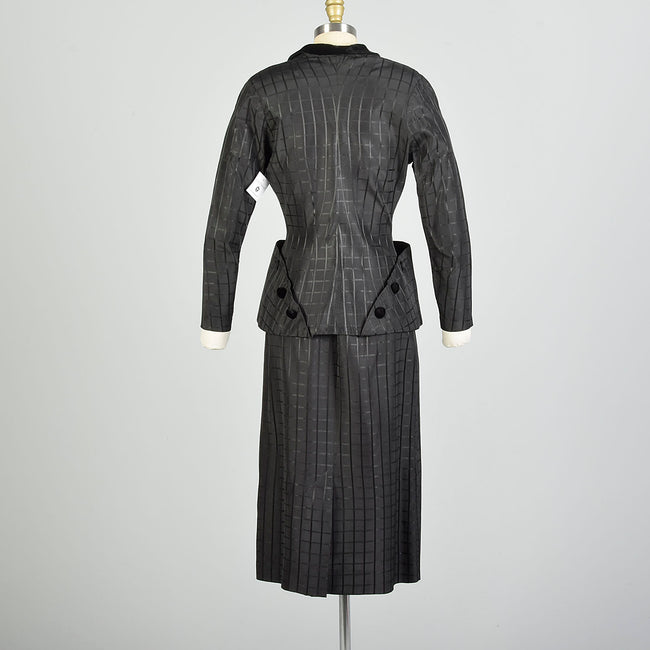 Small 1950s Femme Fatale Suit Bombshell Jacket Skirt Set Black Window Pane Taffeta Hourglass Suit