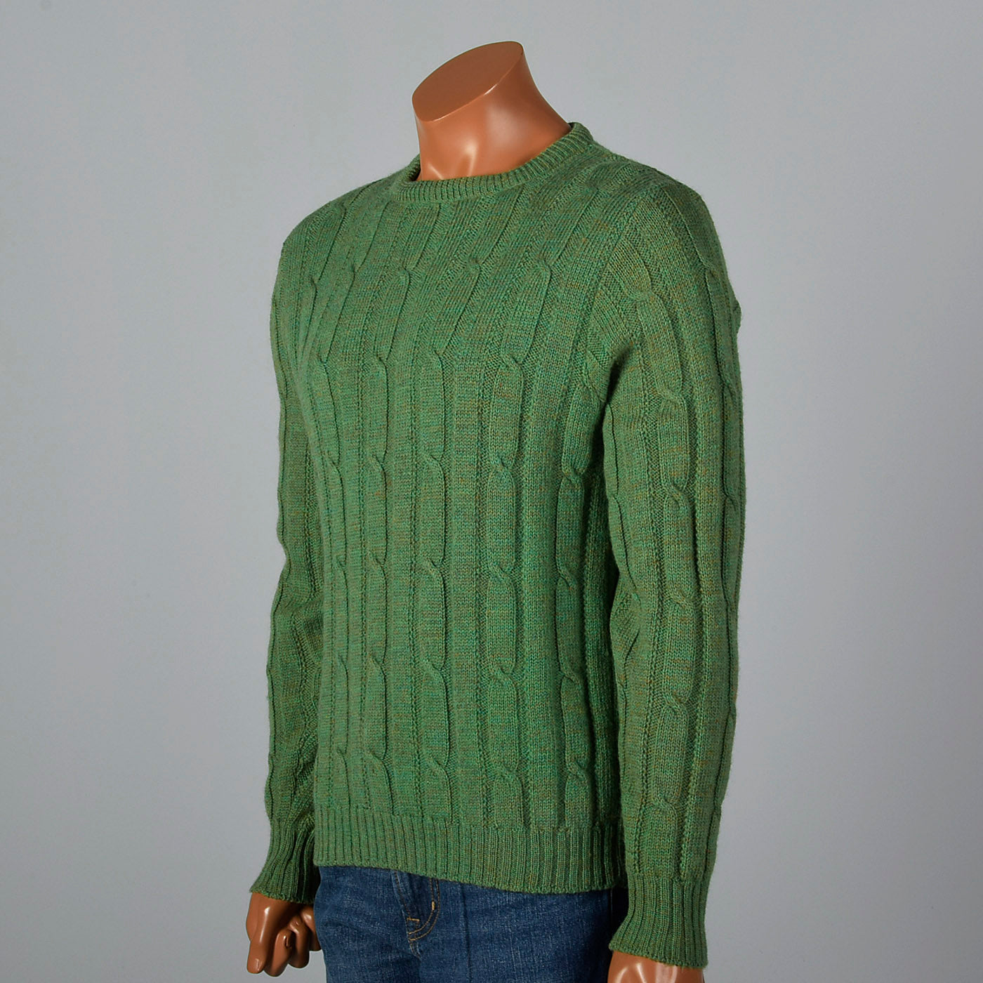 1960s Mens Green and Brown Cable Knit Sweater