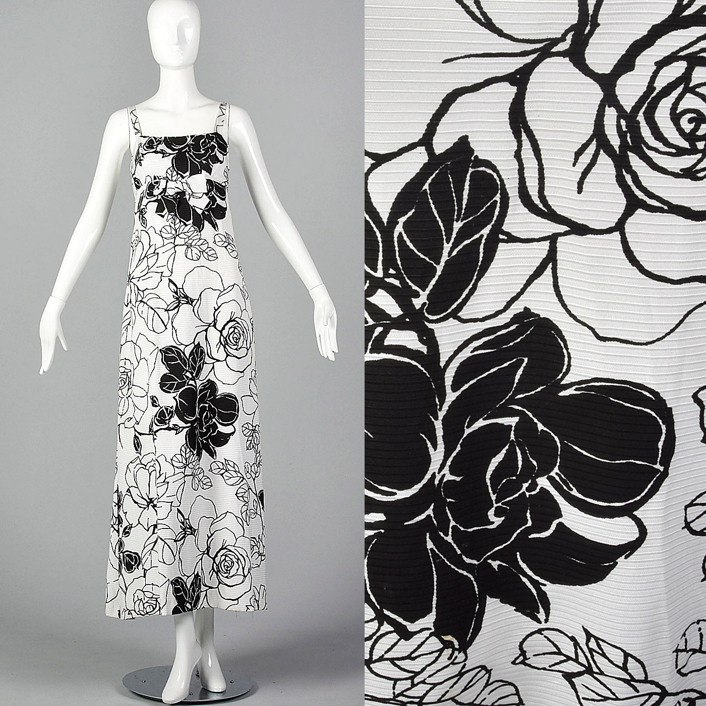 XS 1960s Black White Floral Maxi Dress