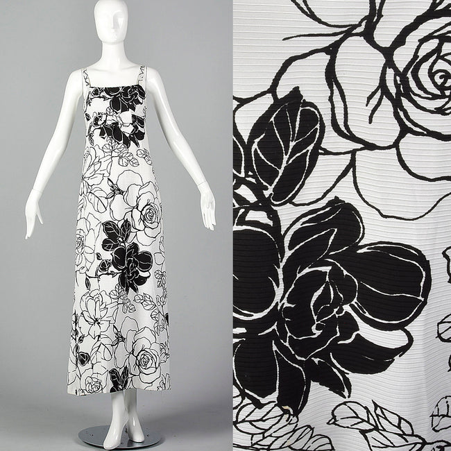 XS 1960s Black White Floral Maxi Dress