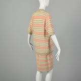 Medium 1980s St. John Set Knit Skirt Peach Shirt Striped Cardigan 3pc Ensemble