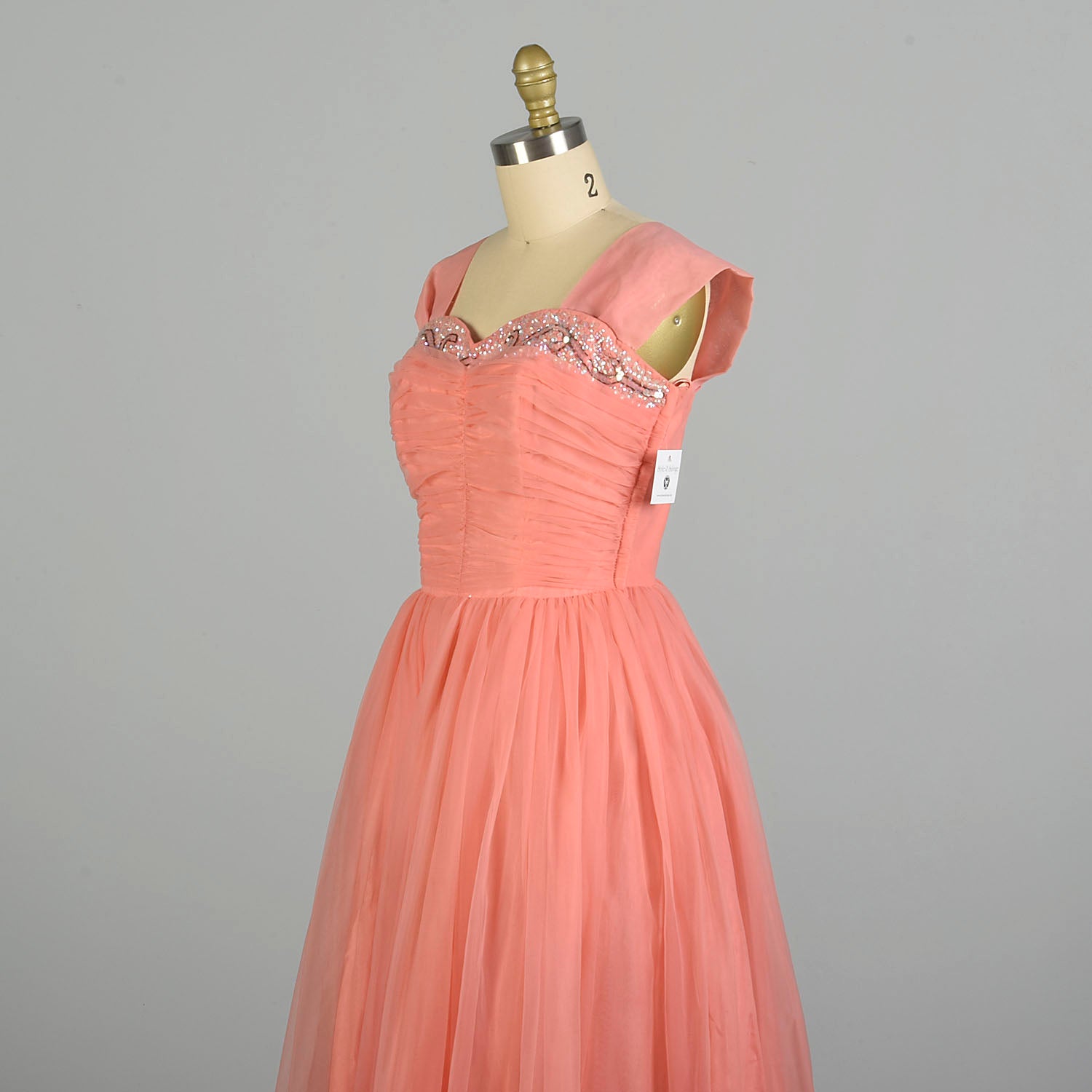 Small 1950s Pink Coral Prom Dress Bead Embellished Ruched Chiffon Bodice