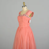 Small 1950s Pink Coral Prom Dress Bead Embellished Ruched Chiffon Bodice