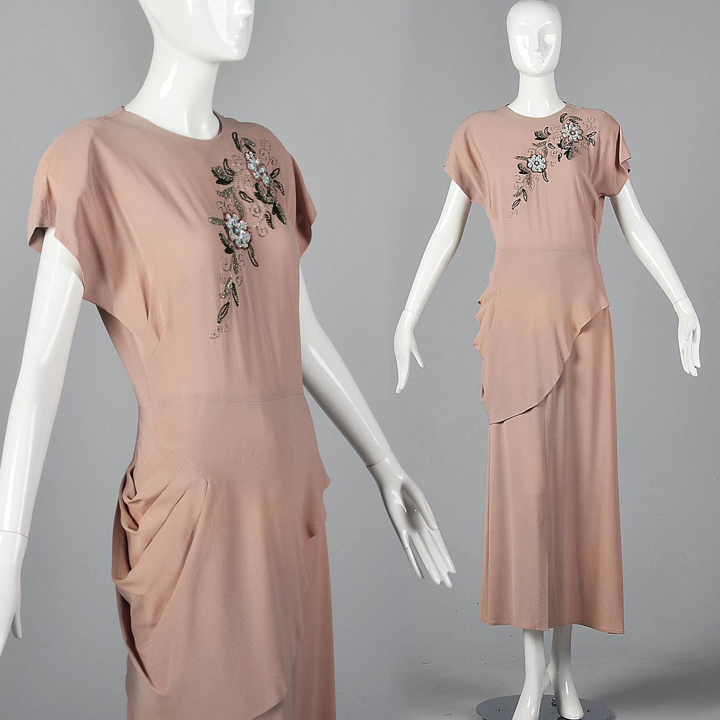 1940s Peach Crepe Gown with Floral Beaded Bodice