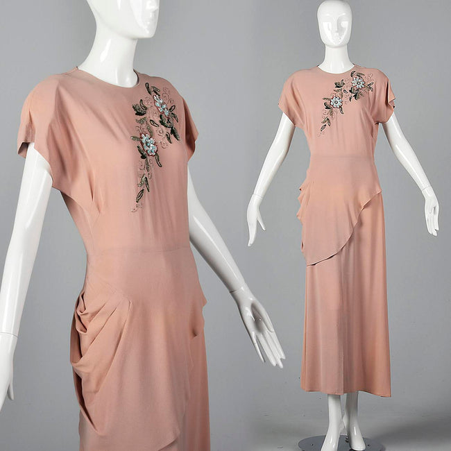 1940s Peach Crepe Gown with Floral Beaded Bodice