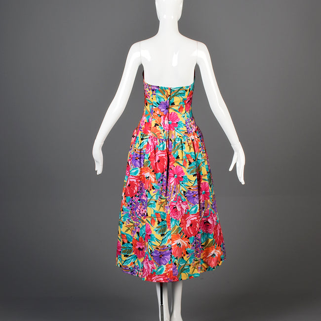 1980s Victor Costa Floral Strapless Summer Day Dress in a Colorful Floral Print