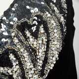 Large 1990s Oleg Cassini Black Tie Dress Velvet Beaded Strapless Cocktail Mini