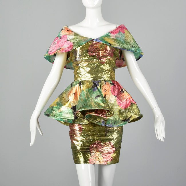 XS 1980s Floral Metallic Peplum Dress