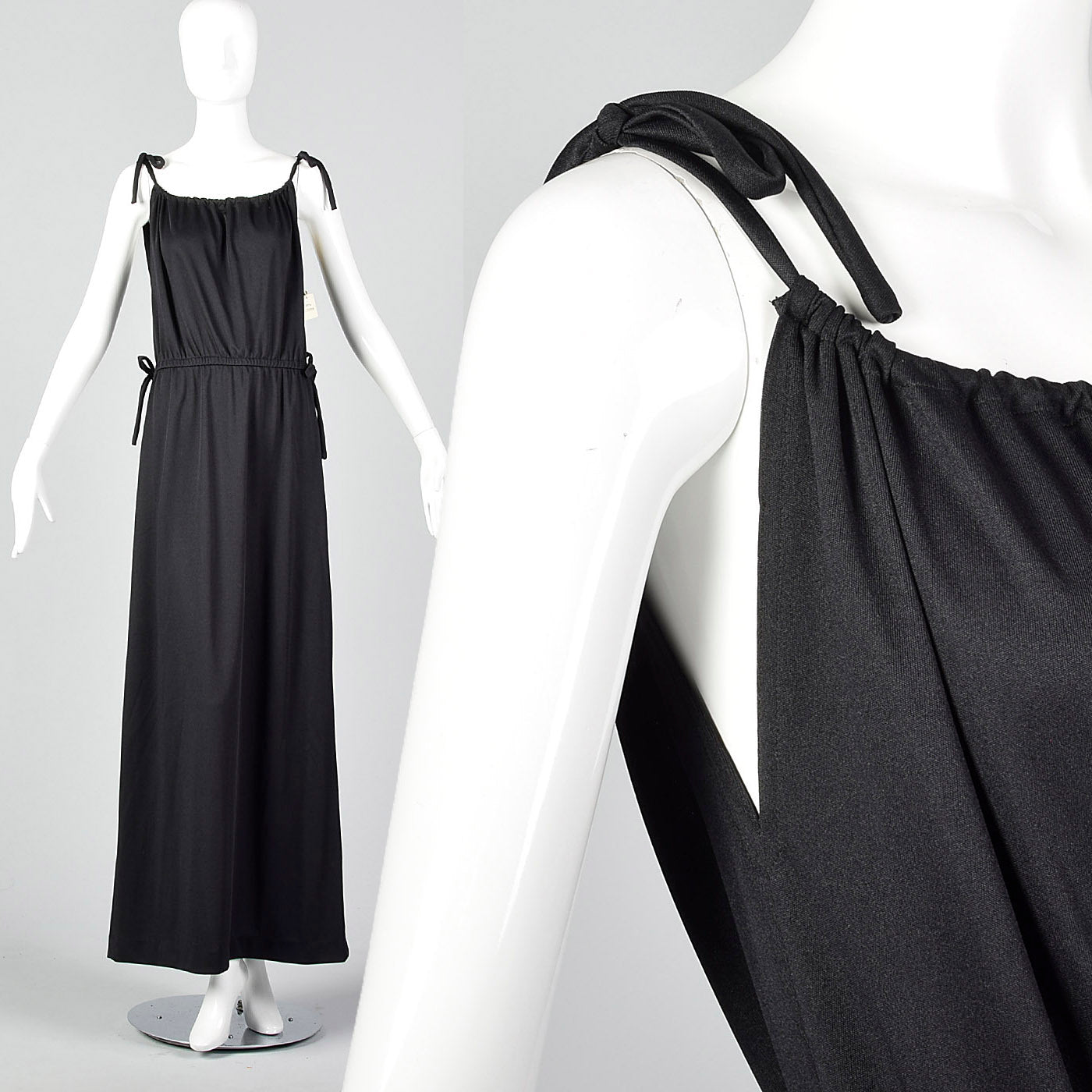 1970s Black Maxi Dress with Faux Drawstring Details