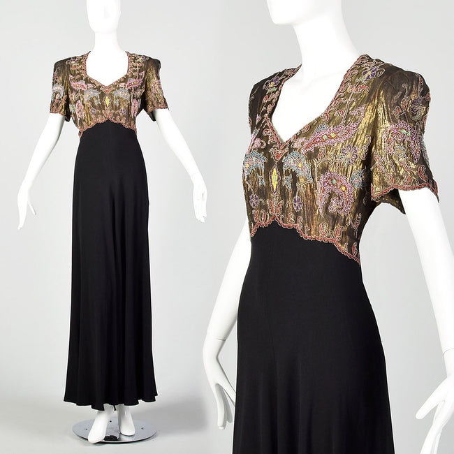 1940s Gold Lamé Beaded Black Evening Gown