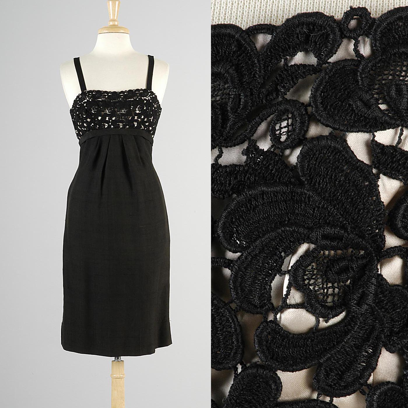 1950s Black Silk Dress with Illusion Bust