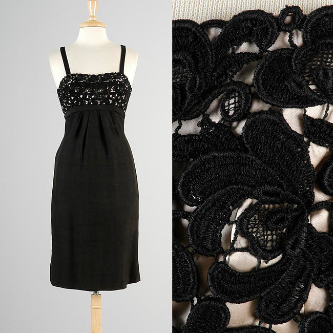 1950s Black Silk Dress with Illusion Bust