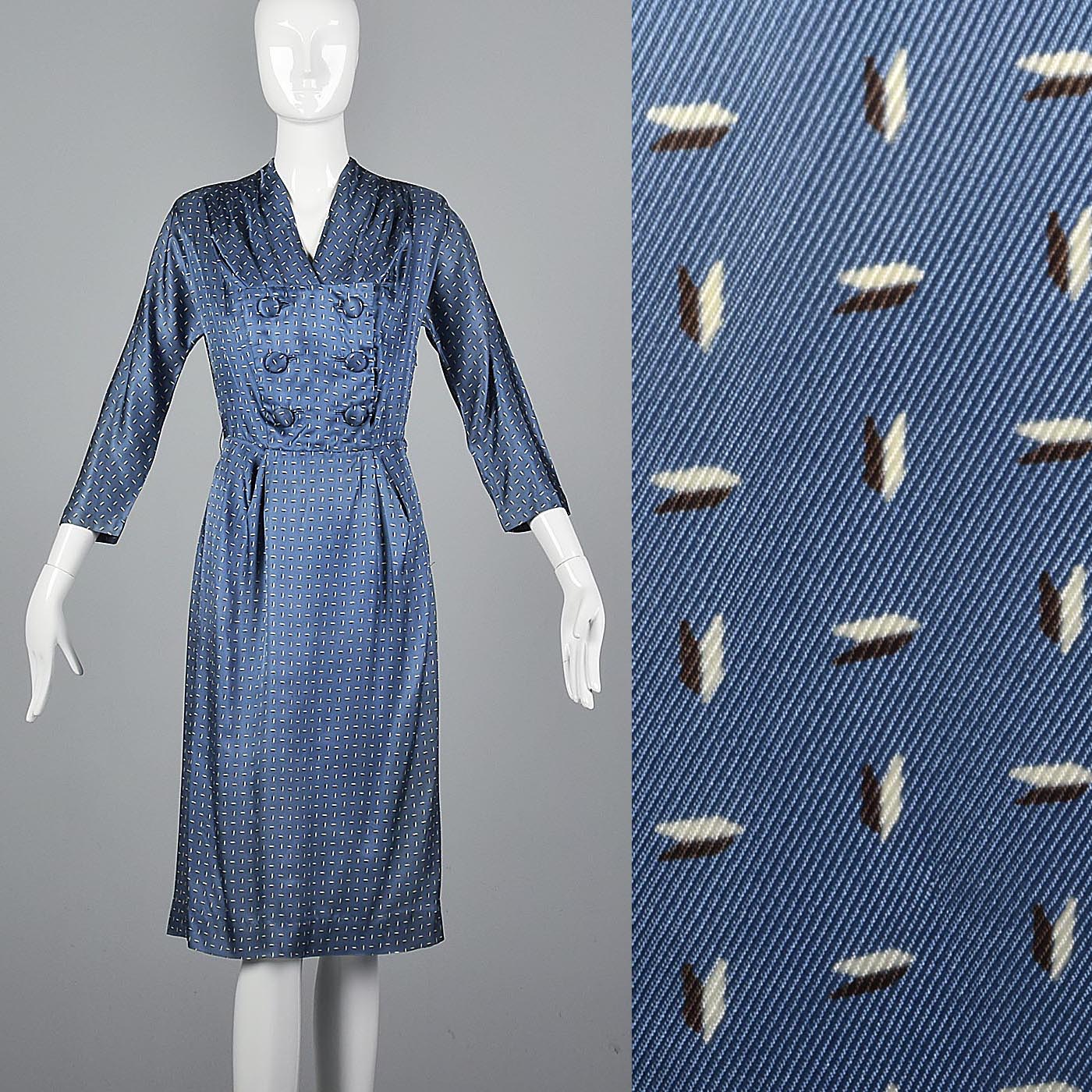 1950s Blue Silk Dress with Hourglass Shape