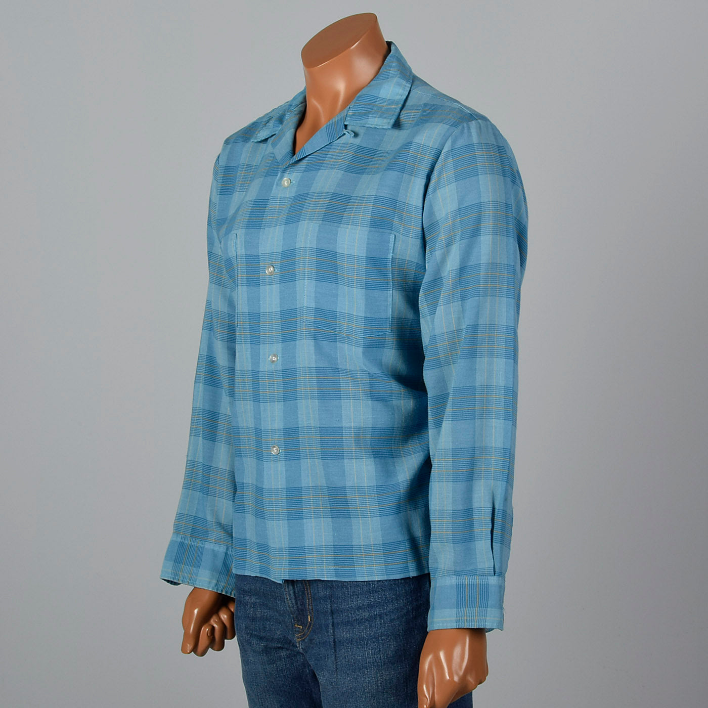 1960s Mens Blue Plaid Shirt with Loop Collar