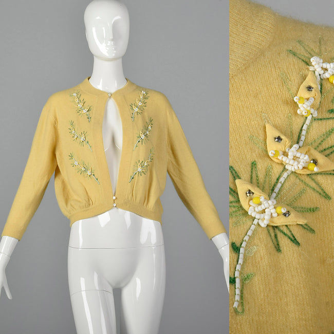 1950s Yellow Cashmere Cardigan with Floral Applique