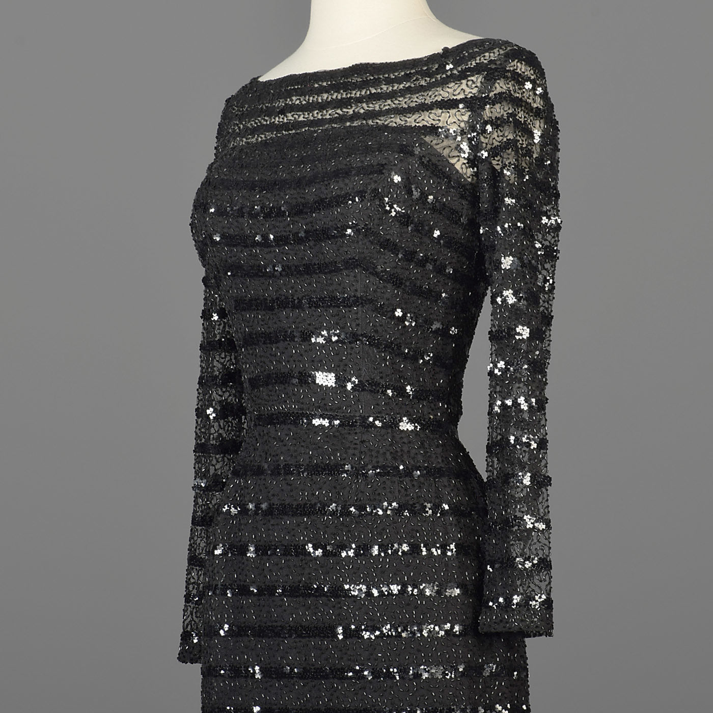 1960s Ceil Chapman Sheer Black Wiggle Dress with Sequin Stripes