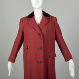 Medium 1960s Coat Red Tweed Wool Plaid Winter Jacket Velvet Collar