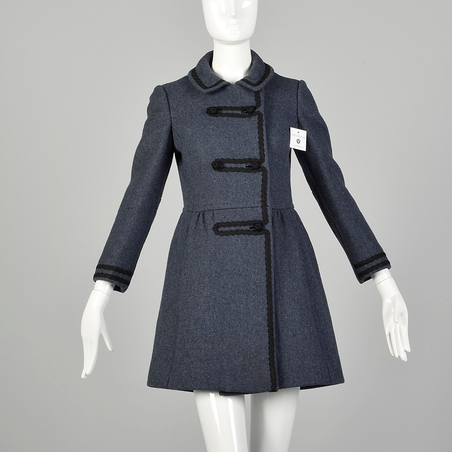 XXS 1960s Coat Blue Wool Babydoll Mod Black Military Trim Winter Heavyweight Winter Coat