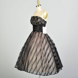 XS 1950s Black Strapless Striped Polka Dot Fit & Flare Cummerbund Party Prom Dress