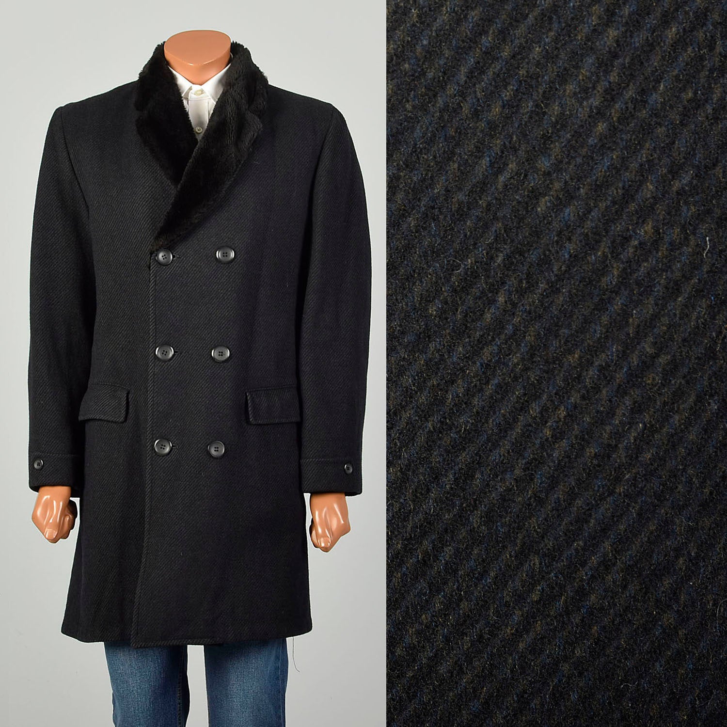 Large 1970s Coat Charcoal Black Faux Fur Double Breasted Winter