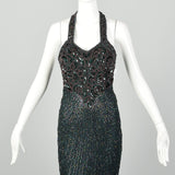 Small 1990s Halter Dress Forest Green Bugle Beaded Evening Gown