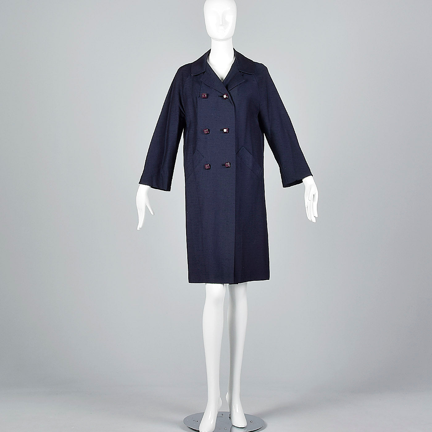 1960s Navy Blue Coat with Ribbon Stripe Taffeta Lining