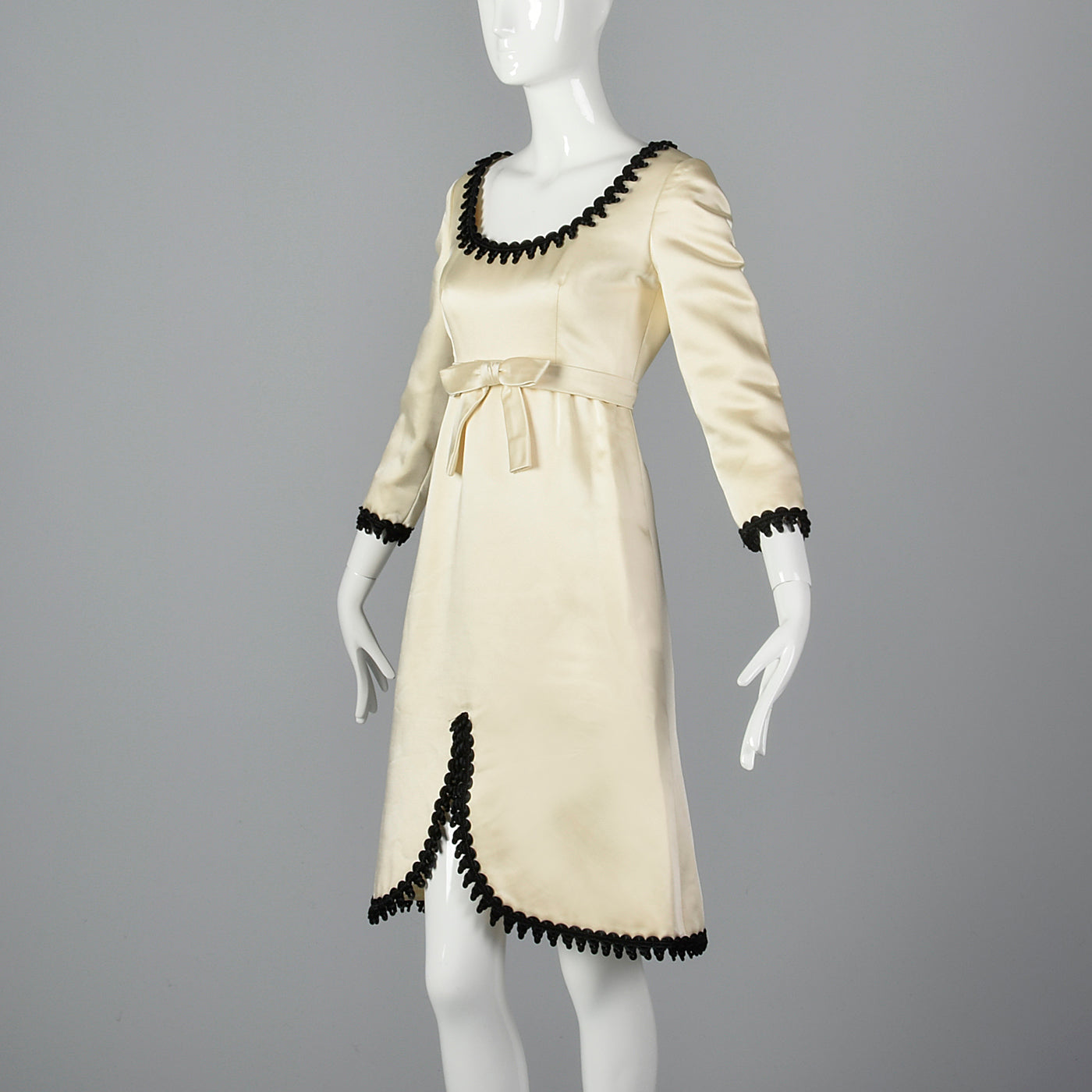 1960s Mollie Parnis White Satin Dress with Black Trim