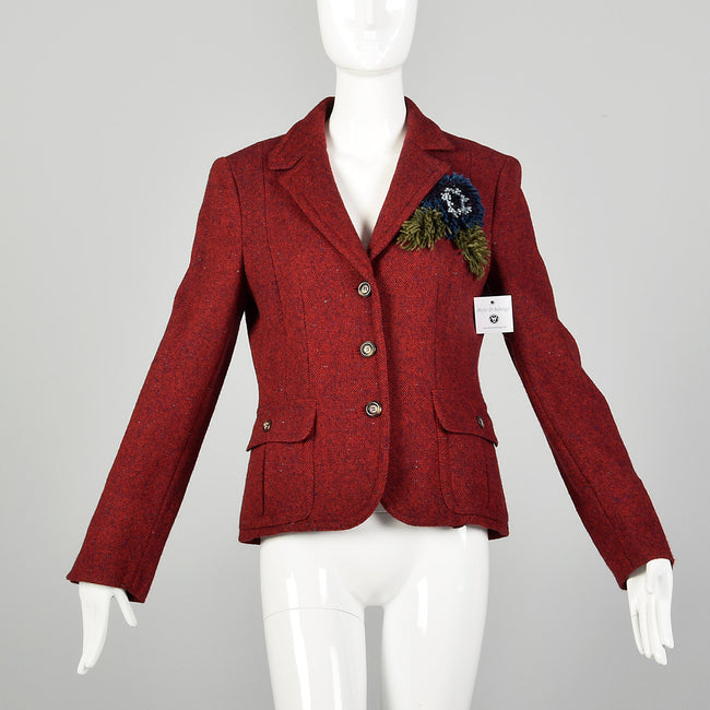 Medium 2010s Red Blazer Moschino Cheap & Chic Wool Tweed Yarn Flower Corsage Applique Jacket
