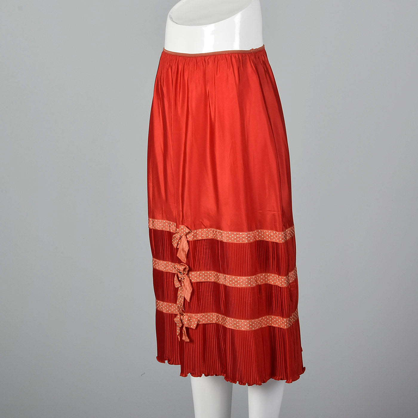 1950s Red Taffeta Half Slip with Crystal Pleats and Polka Dot Ribbon