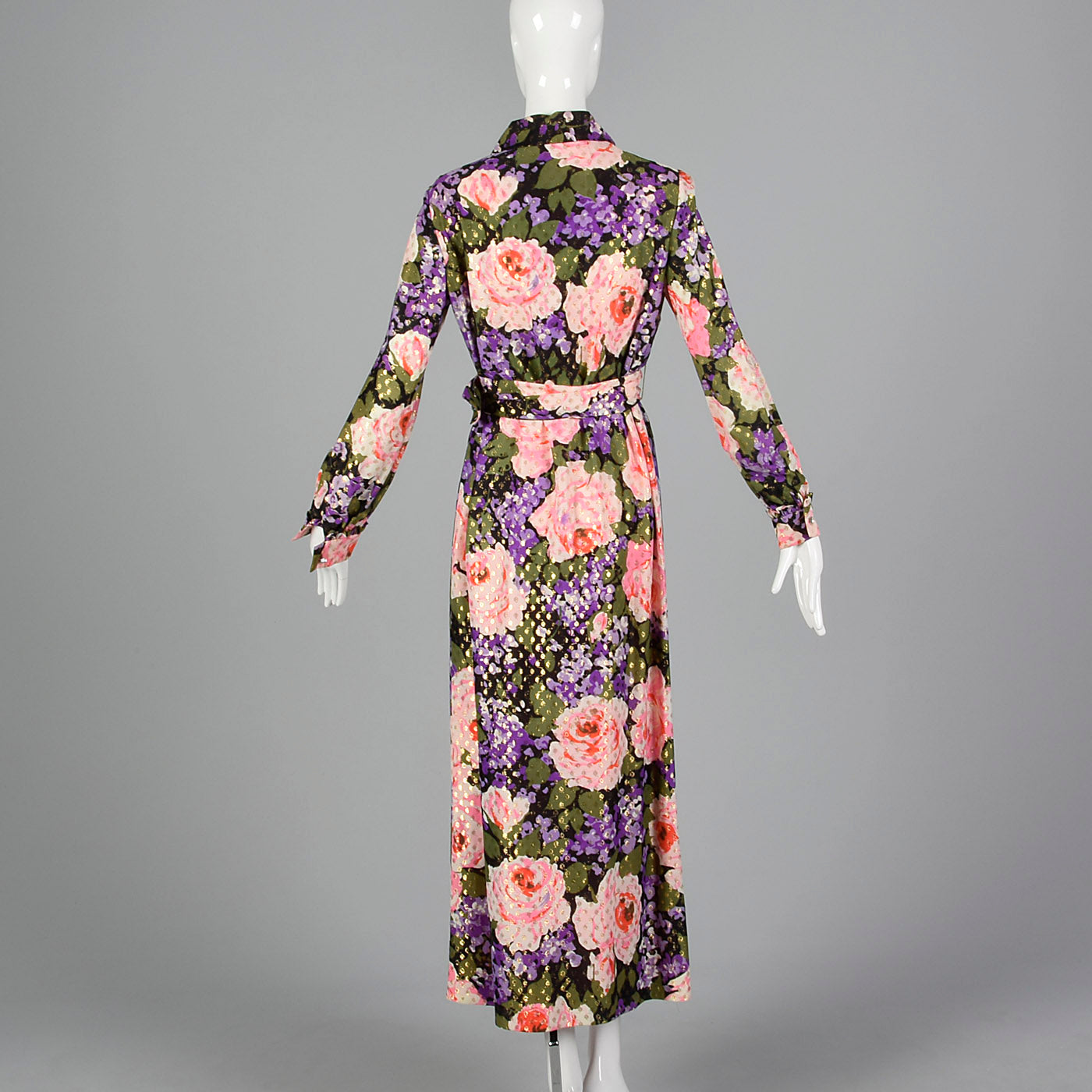1970s Floral Maxi Dress with Metallic Polka Dots