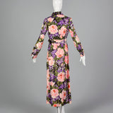 1970s Floral Maxi Dress with Metallic Polka Dots