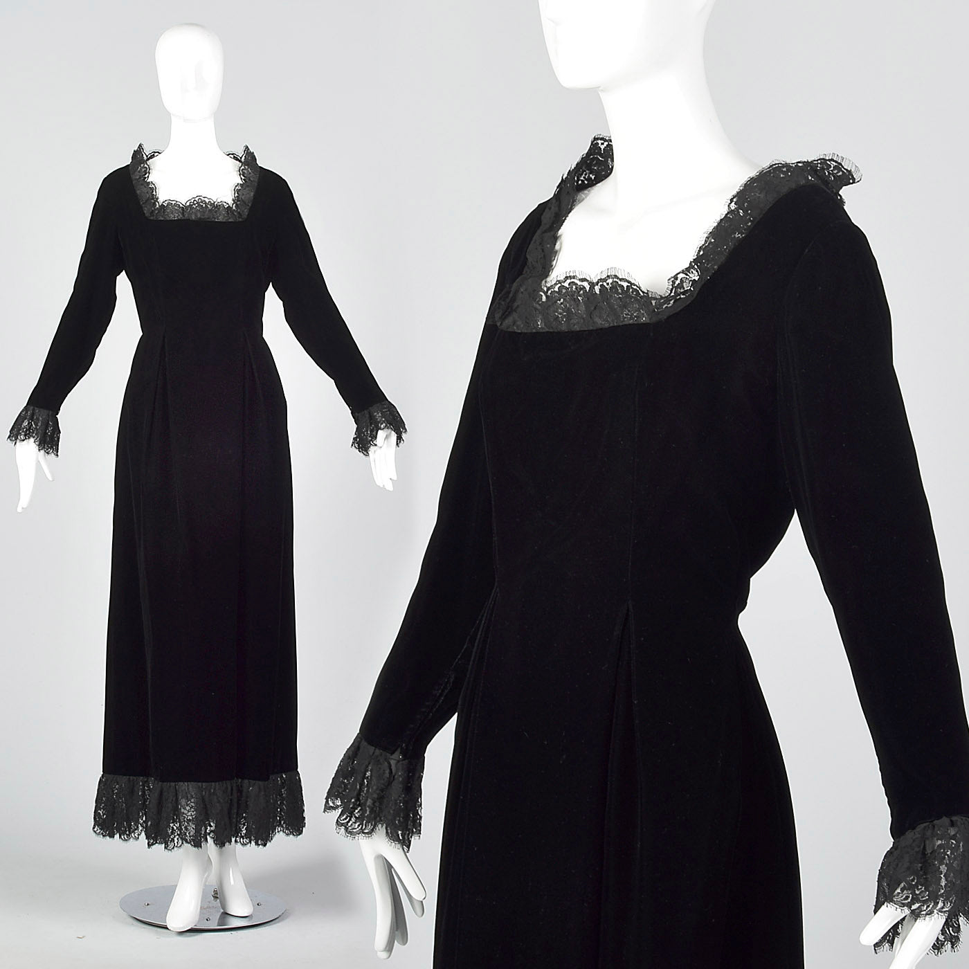 1970s Richilene Black Velvet Evening Dress with Lace Trim