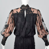 1970s Black Lace Overlay Dress with Sequin Bust