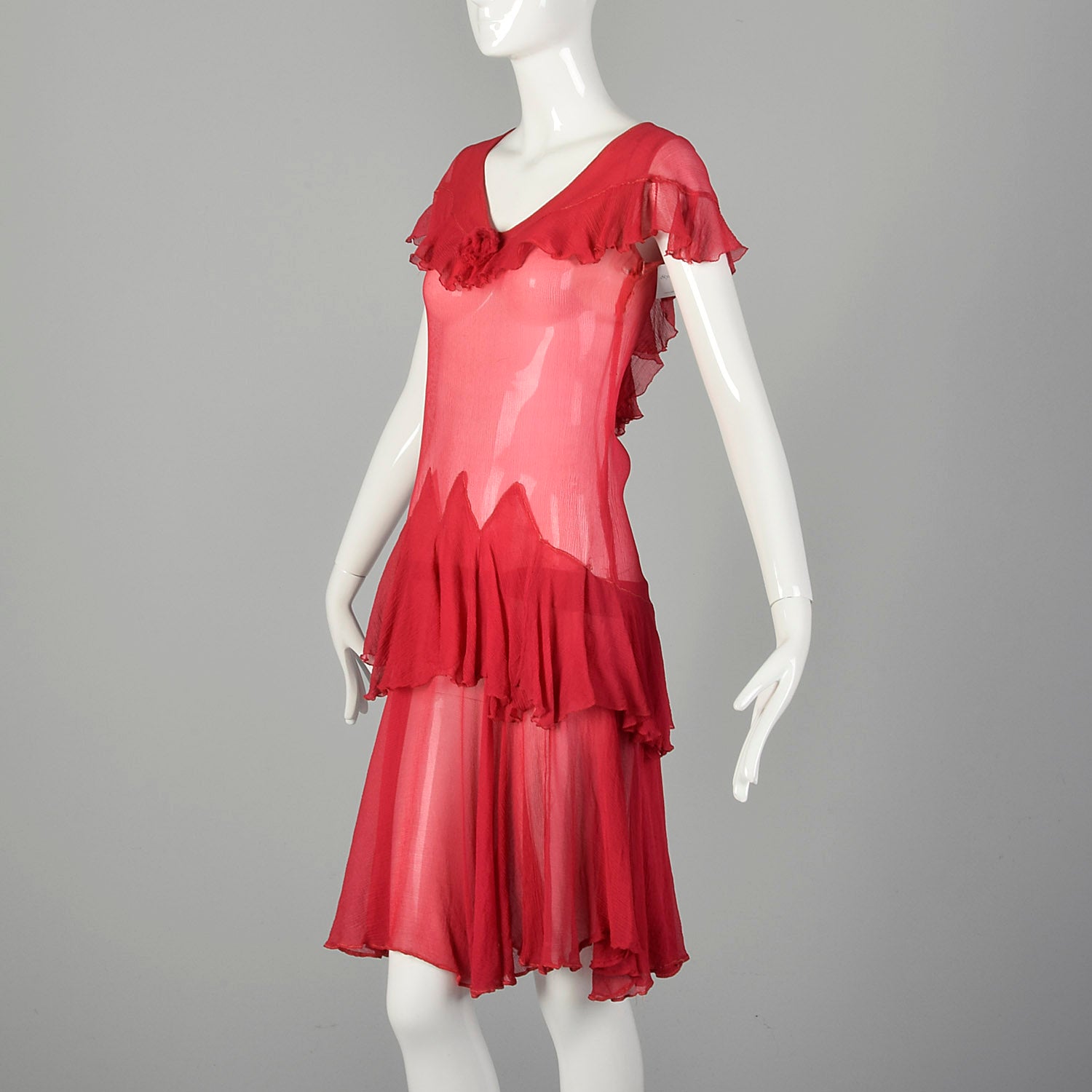XXS 1920s Flapper Dress Crinkle Red Silk with Flirty Ruffles