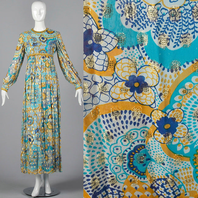 1970s Mollie Parnis Bohemian Maxi Dress with Long Sleeves