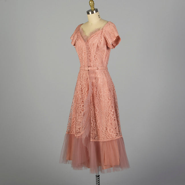 Medium 1940s Pink Lace Party Dress