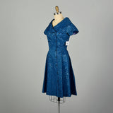 Medium 1950s Dress Blue Short Sleeve Striped Glitter Flocked Shawl Collar