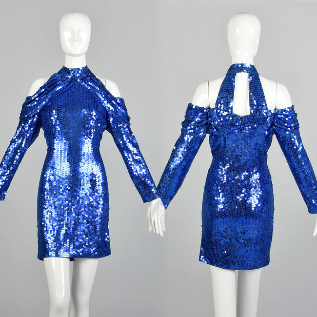 Small 1990s Blue Sequin Body Con Party Dress Long Sleeve Mini Dress Cold Shoulder Dress