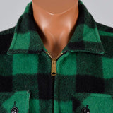 1950s Mens Green & Black Buffalo Check Wool Chore Jacket with a Zip Front