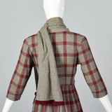 1950s Gray and Burgundy Wool Dress with Matching Scarf