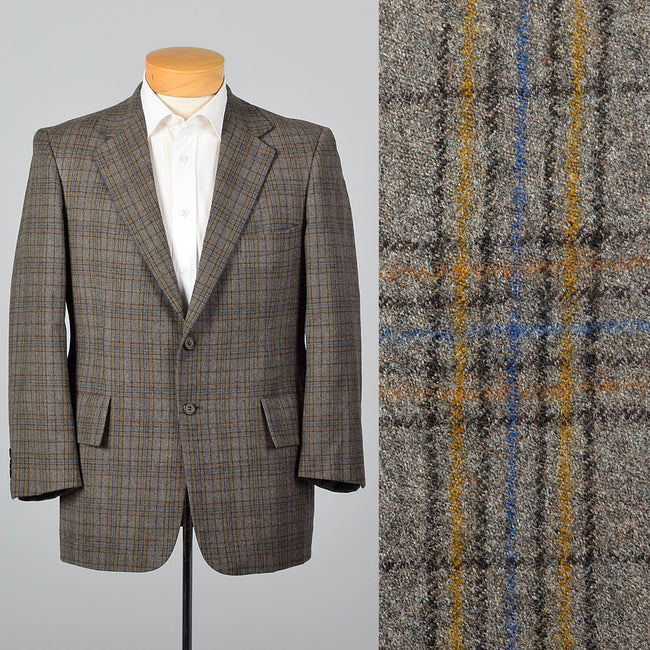 1970s Mens Gray and Yellow Plaid Jacket