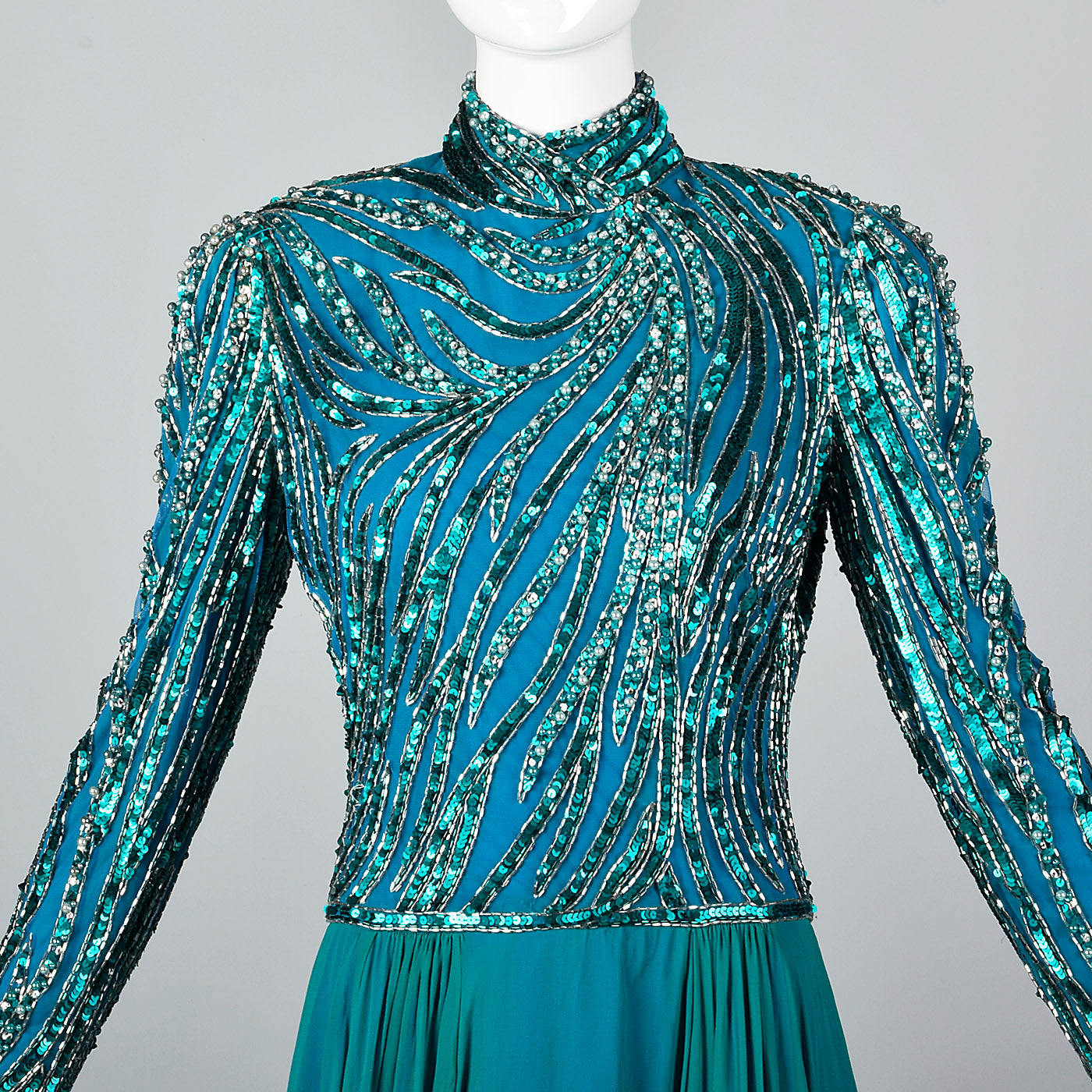 Sequined Bob Mackie Gown with a Layered Silk Chiffon Skirt