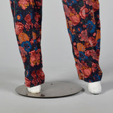 1980s Corduroy Jumpsuit in Black Floral Print