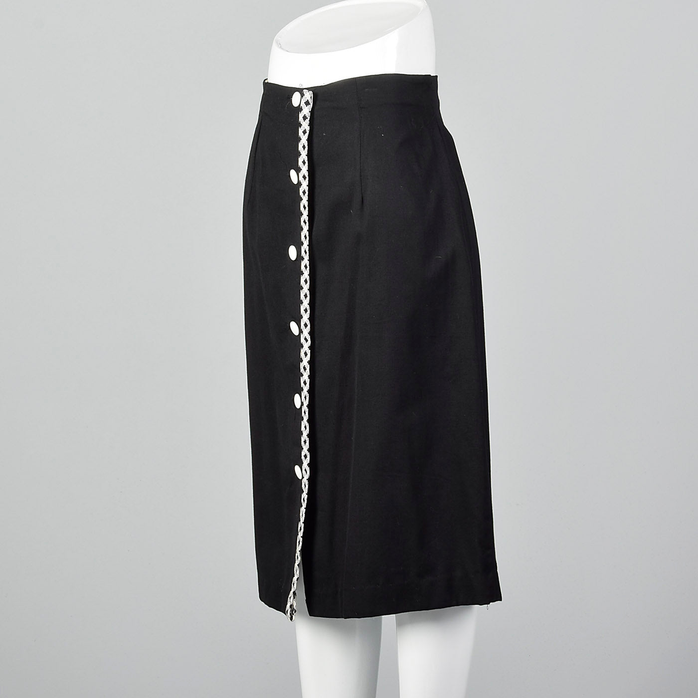 1960s Black Polished Cotton Skirt with White Trim