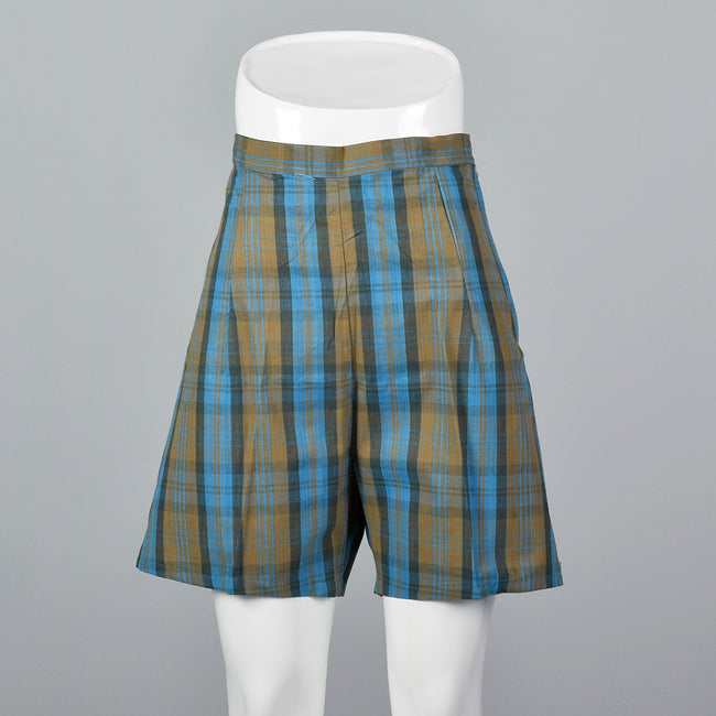 1950s Brown and Blue Plaid Shorts